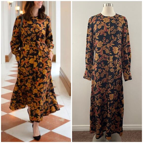 Lafayette 148 Silk Floral Midi Dress Long Sleeve Pockets Luxury Modest Size 8 - Picture 1 of 12